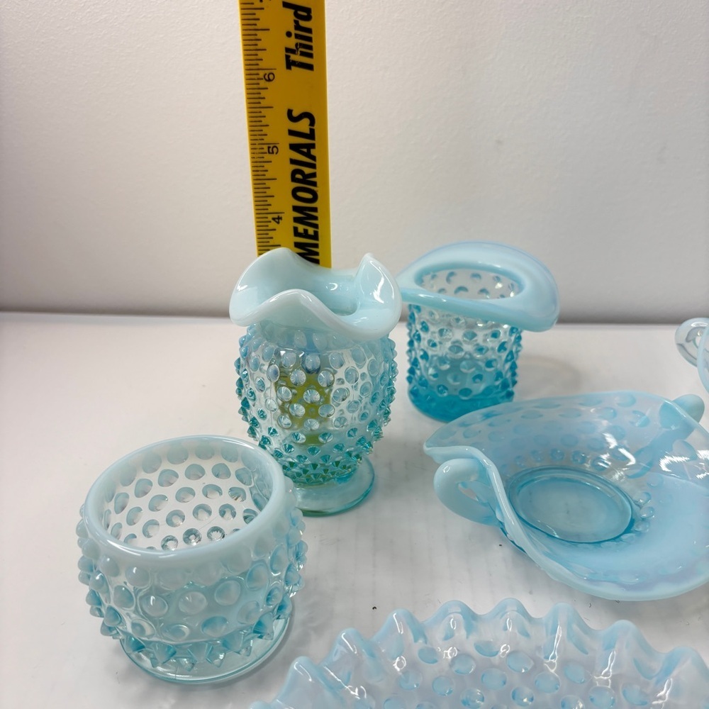 VTG Fenton Blue Opalescent Hobnail 7 pc lot Trinket Candy Dishes Votive Bud Vase - Picture 4 of 16